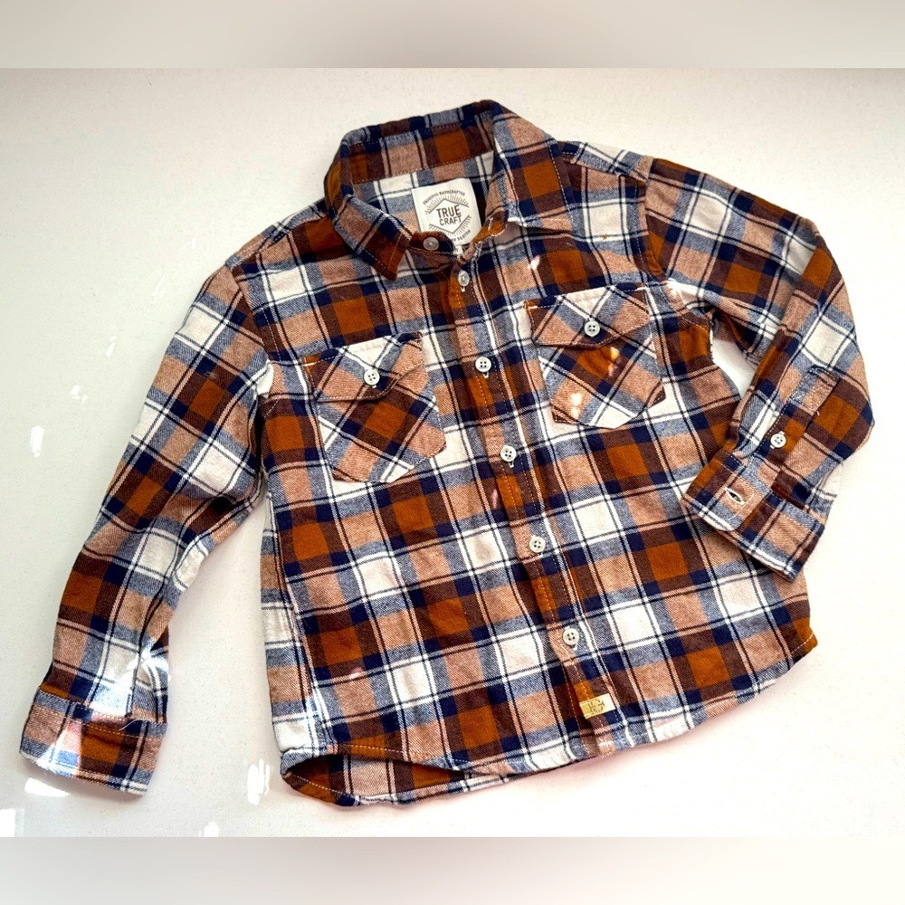 True Craft Boys Plaid Flannel Button Up Shirt Brown Navy White 4T